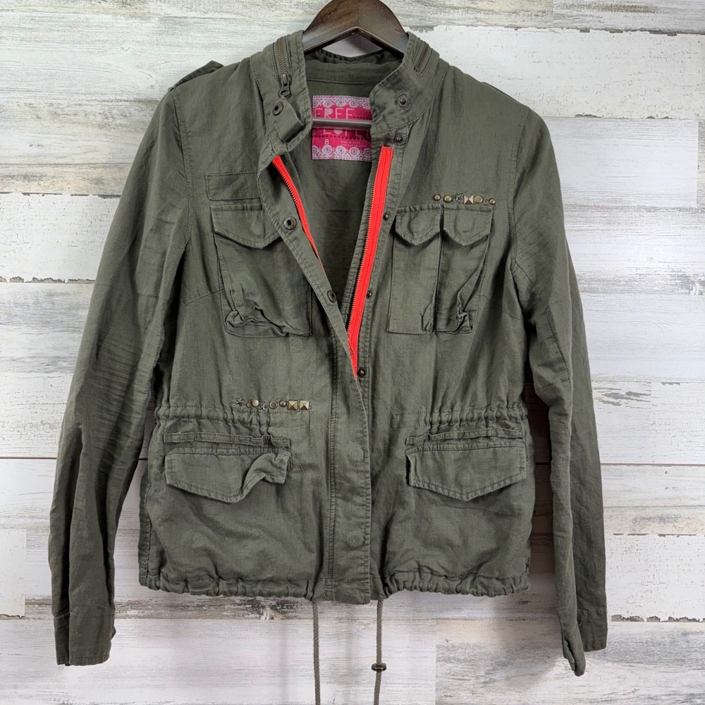 Free People Olive Green Studded Utility Military Field Jacket Linen Blend Size 8